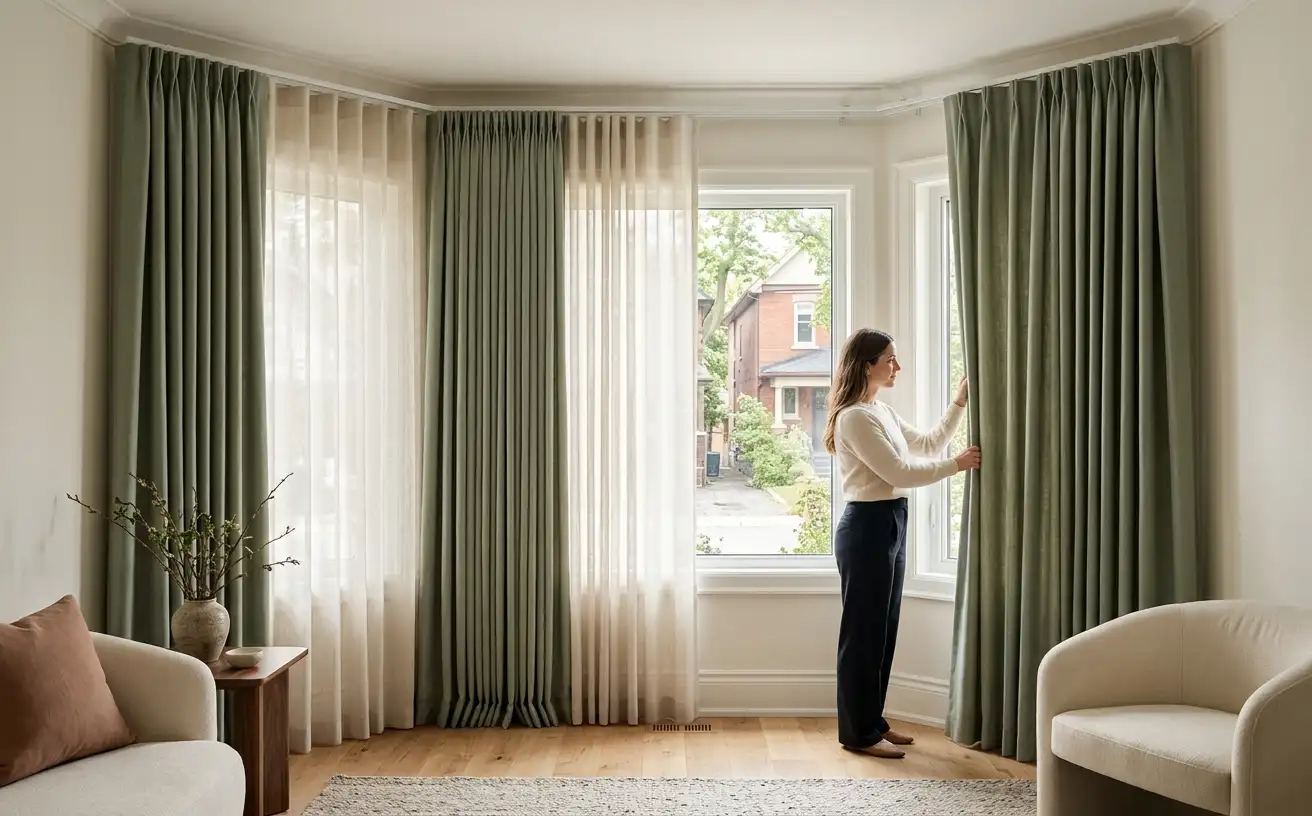 Floor-length custom drapery framing a large window in an elegant Ottawa living room