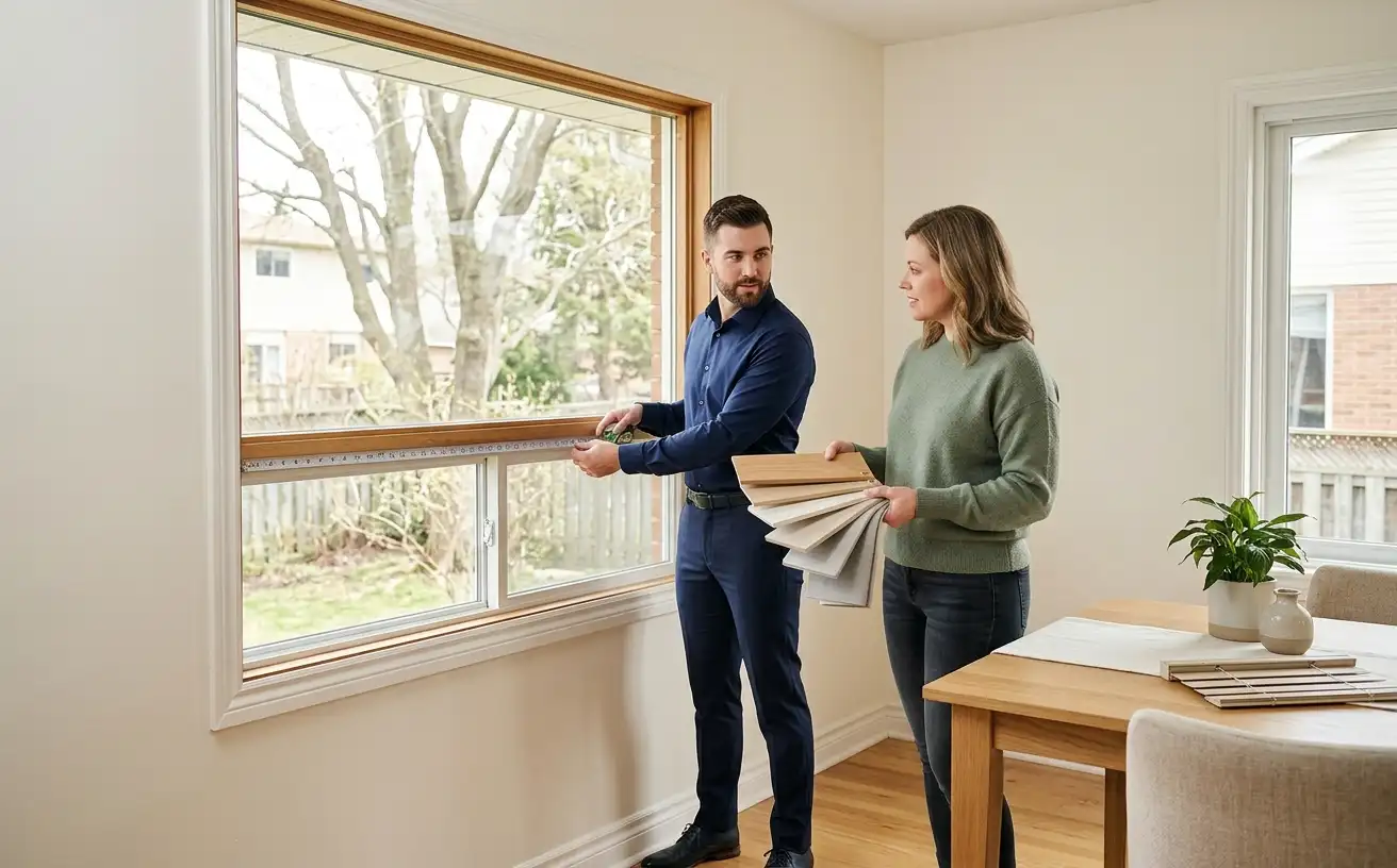 A Randall's consultant showing window treatment samples to homeowners in an Ottawa living room