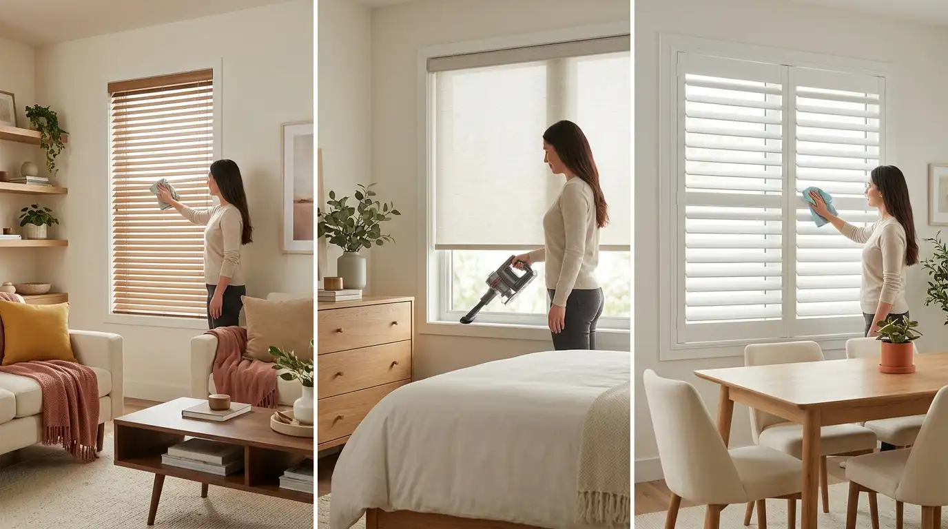 Gently dusting window blinds with a microfiber cloth in a bright Ottawa home