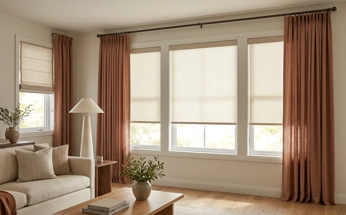 An Ottawa living room with custom drapery layered over shades framing a large window